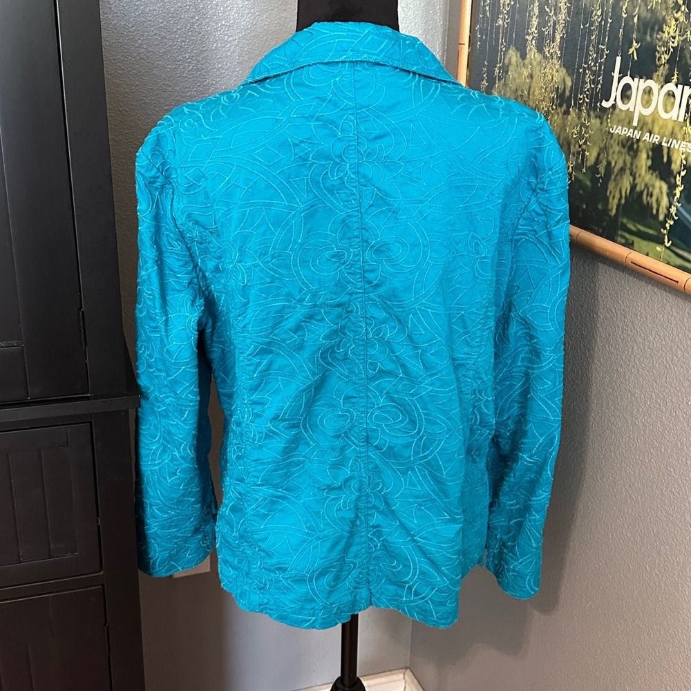 Chico's Button Front Jacket Women Size 3 Teal Blue Embroidered Cotton Stretch - Picture 4 of 8
